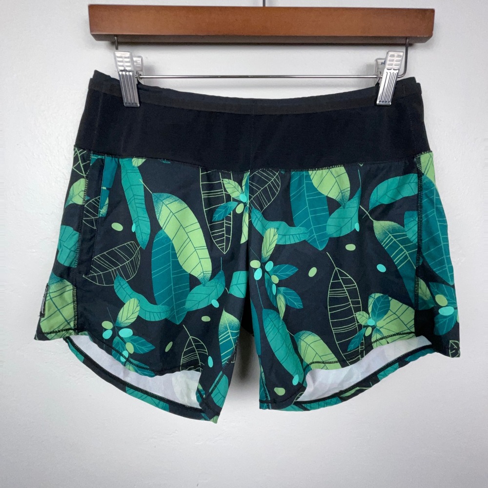 Oiselle Shorts Women 4 W Roga Black Green Tropical Leaf Print Running Athletic